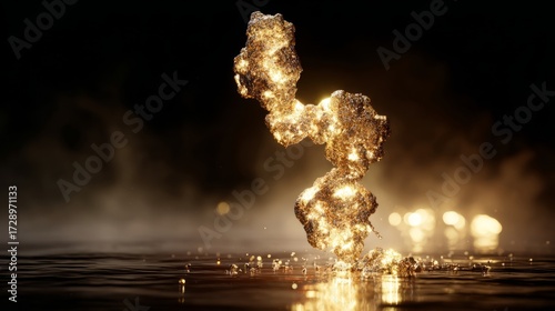 submicroscopic. A single, complex, glowing molecule emerges from a dark, primordial aqueous solution, symbolizing the spark of life. STEM education sheets.
