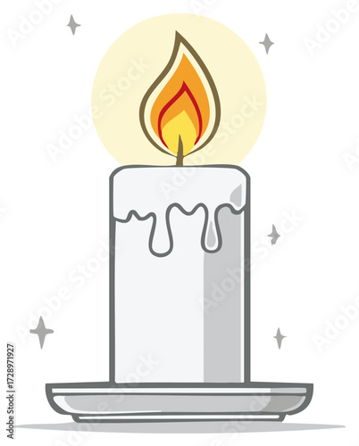 Cartoon white candle with flickering flame and dripping wax on a saucer with glowing sparks