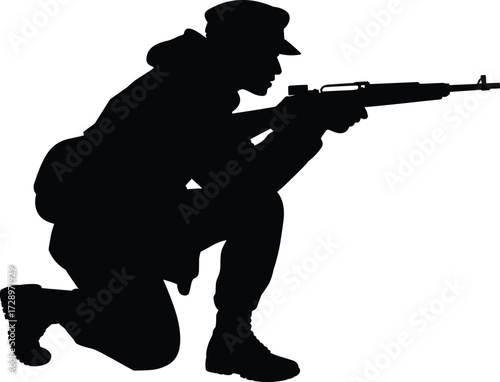 Cad drawing flat vector illustration, soldier silhouette with gun, military man kneeling, army weapon graphic design, combat pose artwork