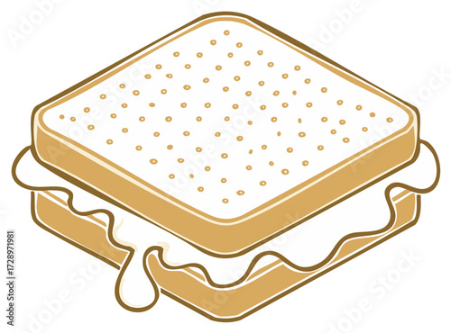 Isometric cartoon sandwich illustration with creamy filling dripping out from between toasted bread slices