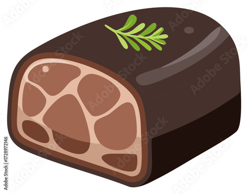 Illustration of a chocolate confection with rosemary sprig, sweet treat design.