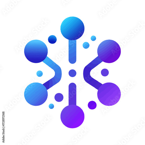 Abstract, hexagonal network with blue and purple gradient orbs