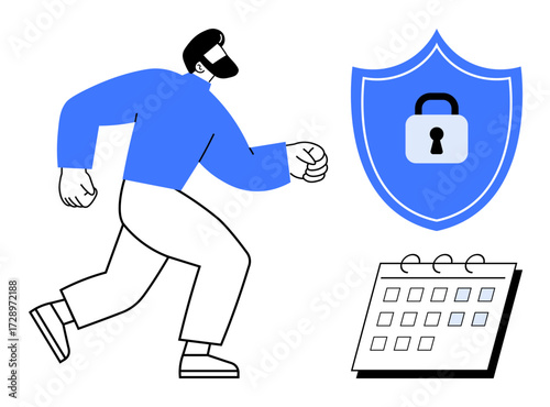 Man walking near blue shield with lock icon and spiral calendar, symbolizing planning, security, time management. Ideal for privacy, safety, deadlines, organization, strategy scheduling simple flat