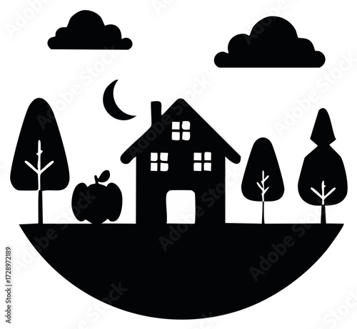 Rural Black and White Scene with House, Trees, Pumpkin, Clouds, and Crescent Moon in a Simple Vector Design