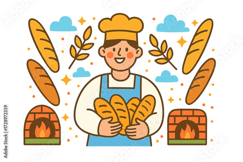 Whimsical illustration of a cheerful baker, proudly presenting freshly baked golden loaves of artisan bread, surrounded by glowing brick ovens, wheat, and stars, embodying culinary joy and homemade