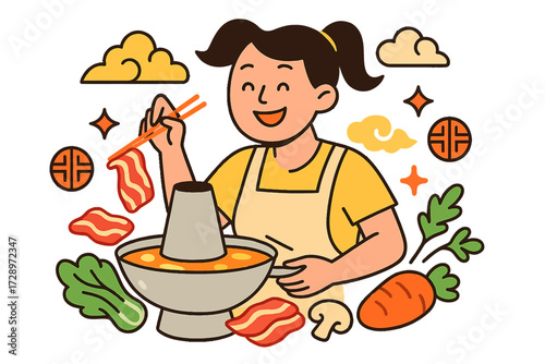 Joyful cartoon woman cooking hotpot, expertly dipping meat slices into a bubbling broth with chopsticks. Fresh vegetables like lettuce, mushrooms, carrots surround the pot.