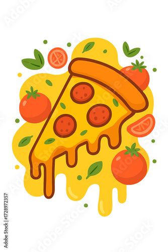 A vibrant, mouthwatering cartoon illustration of a delicious pepperoni pizza slice with rich, melting cheese. It features fresh, ripe red tomatoes and fragrant green basil leaves, enhancing its tru