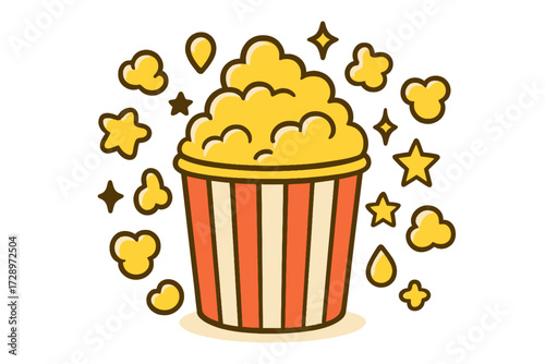 Cartoon popcorn bucket with red and white stripes, overflowing with fluffy golden kernels, surrounded by whimsical twinkling stars and individual popped corn pieces. Perfect for movie nights, cinem