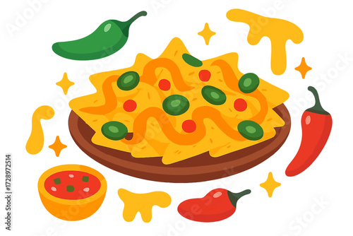 Vibrant, glowing illustration: classic loaded nachos, topped with creamy melted cheese, tangy green olives, spicy red chili pieces, served with zesty salsa and fresh peppers. Ideal party snack or g