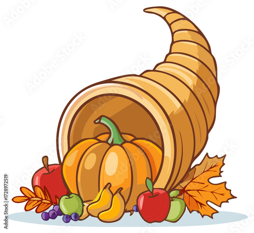 Cartoon illustration of Thanksgiving horn of plenty overflowing with autumn harvest fruits and vegetables