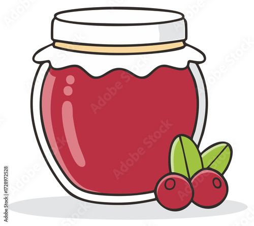 Homemade cranberry jam in a glass jar with fresh berries and green leaves a sweet breakfast preserve illustration
