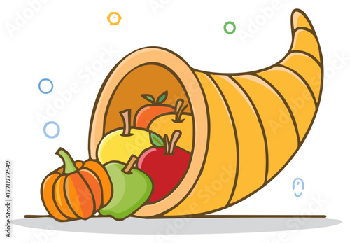 Thanksgiving Cornucopia Horn of Plenty with Fall Fruits and Vegetables