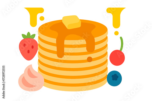 A delectable stack of golden pancakes, generously topped with melted butter and rich amber syrup, beautifully accompanied by fresh, vibrant red strawberries, sweet cherries, juicy blueberries, and