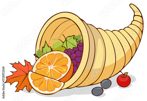 Cartoon cornucopia horn of plenty with autumn harvest fruits for Thanksgiving