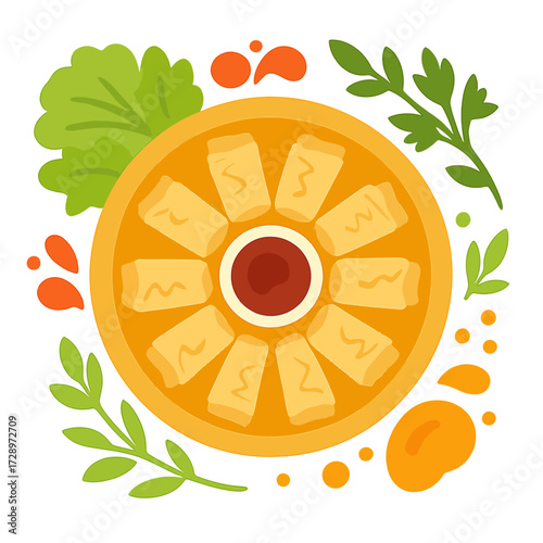 Vibrant digital art featuring golden crispy spring rolls meticulously arranged around a central, rich dipping sauce. Adorned with fresh green herbs and chili elements on a warm gradient background,
