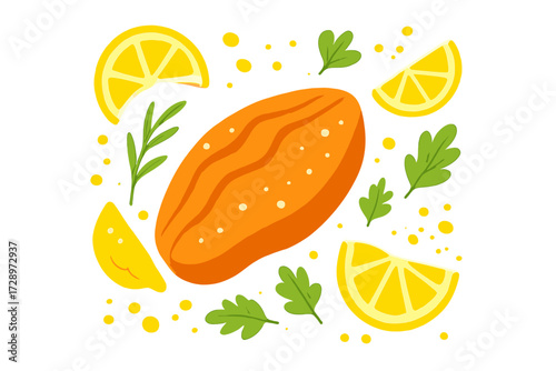 Glowing baked sweet potato, wavy lines & dots, bright lemon slices & fresh green herbs. Vibrant yellow-orange background. Perfect for healthy recipes, food blogs, clean eating, natural ingredients,