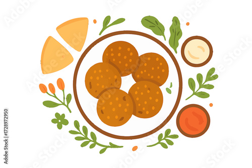 Crispy Falafel Feast: Golden-brown vegetarian patties, creamy white garlic dip, fiery red chili sauce, warm glowing pita triangles, and fresh green herbs. A wholesome, inviting, and truly delightfu