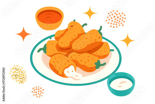 Delightful crispy fried jalapeño poppers, bursting with luscious melted cheese, presented on a bright white plate with two vibrant dipping sauces: zesty red and creamy white. A perfect, glowing app