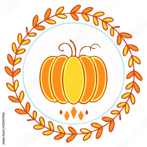 Pumpkin design with a wreath of leaves, autumn themed illustration