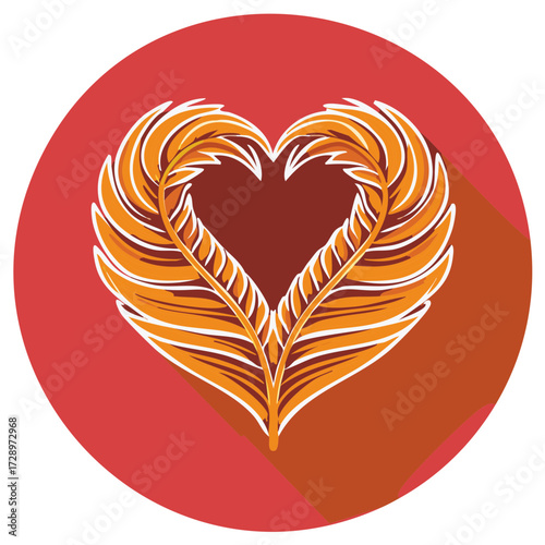 Stylized Feathers Form Heart Shape on Red Circle Illustration