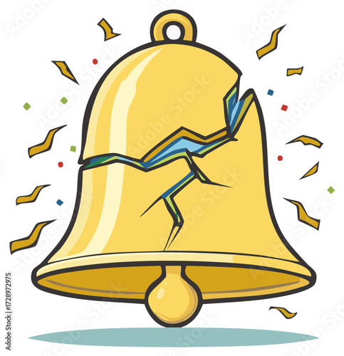 Illustrated cracked golden bell with confetti, symbol of failure or setback in cartoon style