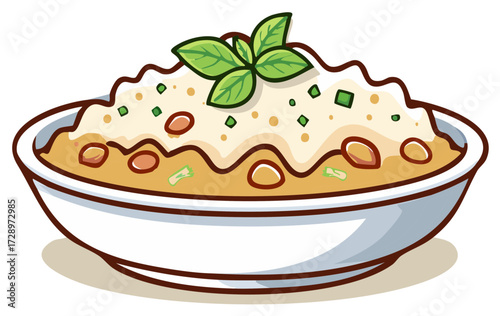 Cartoon bowl of soup or stew with beans topped with cream and green leafy garnish illustration