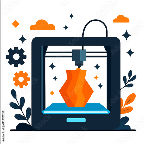 A 3D printer crafts a luminous orange Firebase flame. Scene highlights digital innovation, cloud computing, advanced manufacturing processes. Dark, futuristic, dynamic blue and orange light effects