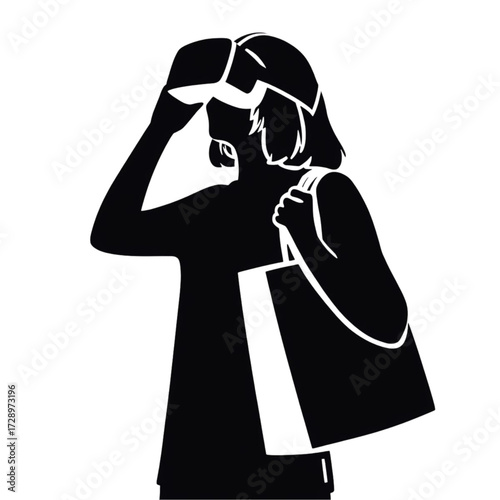 Woman wearing V R headset holding shopping bag person