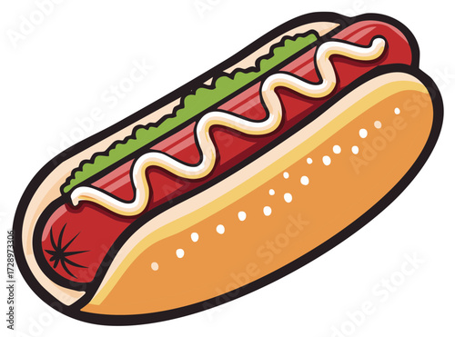 Stylized Hot Dog with Toppings Illustration, Sausage and Bun with Mustard and Lettuce