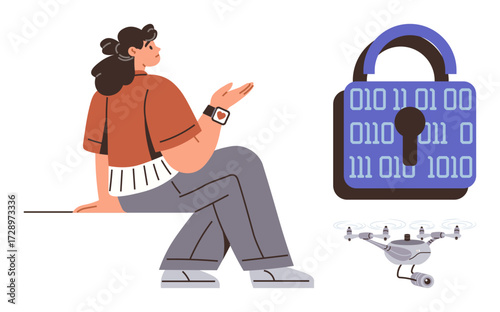 Woman using smartwatch sits near binary-coded padlock and quadcopter, representing tech advancements, digital security, innovation. Ideal for cybersecurity, IoT, privacy, safety, tech ethics