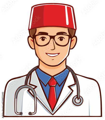 Cartoon Doctor with Glasses and Red Fez Wearing Stethoscope