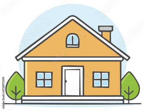 Illustration of a yellow house with a chimney and windows, sitting between two trees, set against a light blue background.