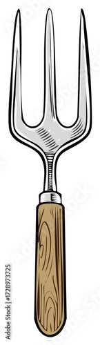Garden Hand Fork Illustration with Wooden Handle Silver Tines for Gardening Agriculture Tool Equipment