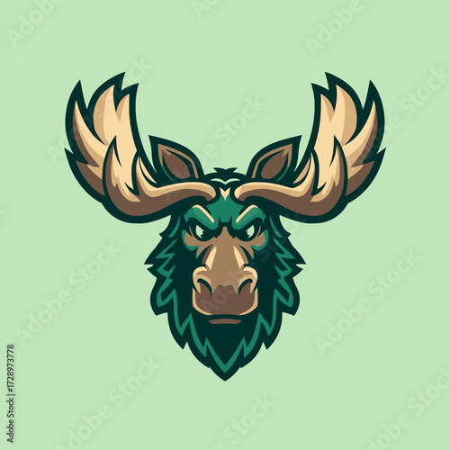 Moose head mascot with antlers, outlined, aggressive expression on light green