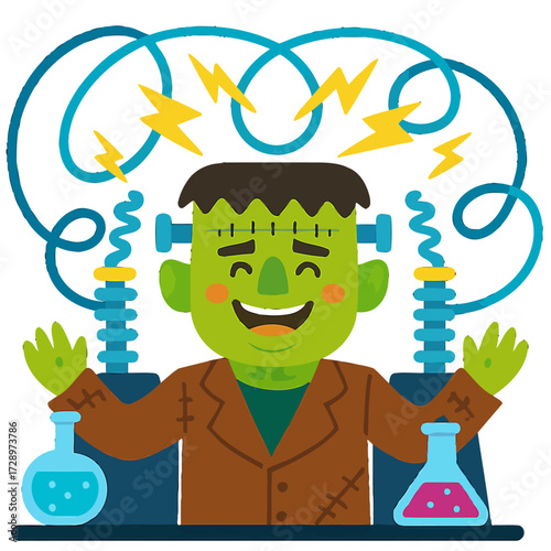 Delightful cartoon Frankenstein monster beams with joy, surrounded by crackling electricity and bubbling lab equipment, a charming illustration perfect for Halloween, science, and whimsical monster