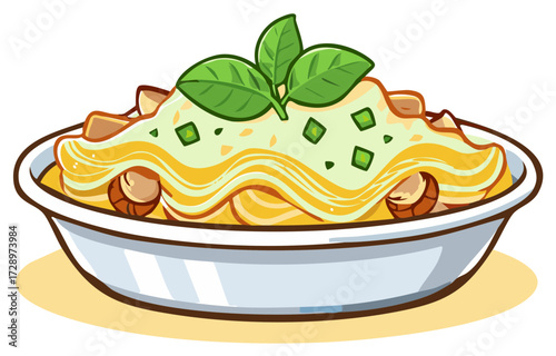 Stylized pasta with creamy sauce, chopped herbs, and garnished with fresh basil leaves in a white bowl