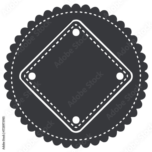 Stylized black tag with scalloped edge and dashed line detail, decorative square label icon