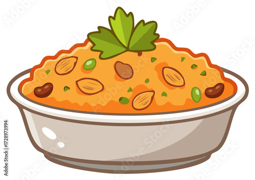 Cartoon illustration of a savory bowl of rice pilaf with almonds, beans, and parsley garnish