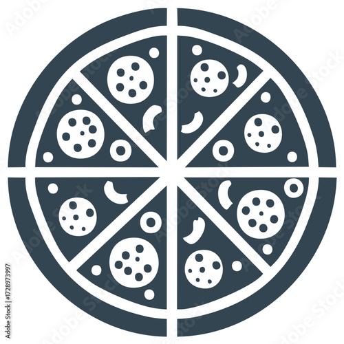 Vector illustration of pizza with pepperoni, cheese, and tomato sauce, divided into eight slices.