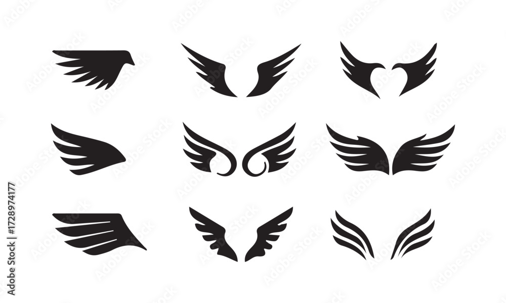 Obraz premium wings icon set. Various artistic wing illustrations. bird. angel. bat. eagle. black wings badge design for emblems. vector illustration eps 10