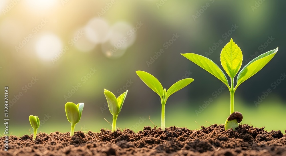 Fototapeta premium Life development and continuous growth progress concept. Stages of natural growth and success. A sequence of small green seedlings growing from a seed in fertile soil outdoors