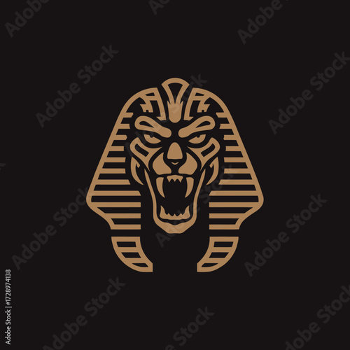 A stylized graphic features a roaring lion's face within a pharaonic headdress