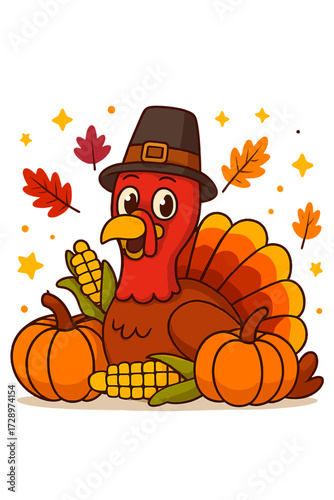 A cute cartoon Thanksgiving turkey in a pilgrim hat, surrounded by bright pumpkins, fresh corn, and colorful fall leaves, on a warm, glowing background with twinkling stars, symbolizing autumn harv