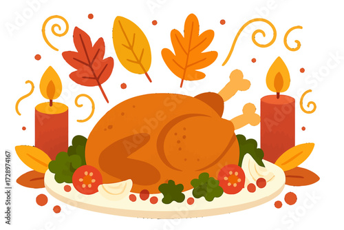 Thanksgiving dinner illustration: a beautifully roasted golden turkey, perfectly garnished, flanked by glowing candles and vibrant fall leaves, creating a warm festive autumn holiday scene for fami