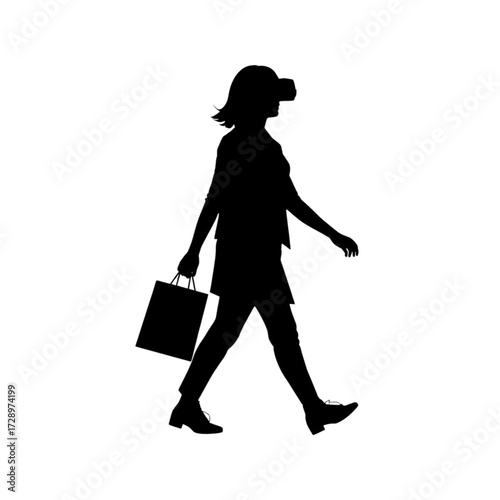 Woman wearing V R headset walking with shopping bag silhouette