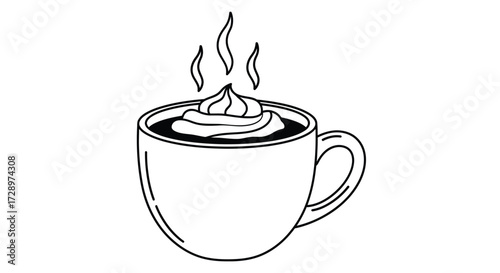 Hot coffee with whipped cream in doodle style