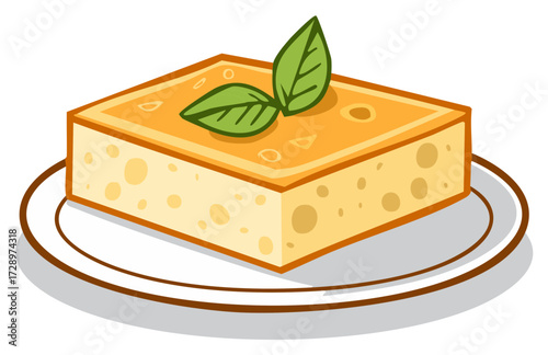 Cartoon Dessert Square Cake with Basil Leaves on Plate Sweet Treat Illustration