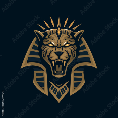 Golden feline Pharaoh with glowing eyes, open mouth, and sharp teeth