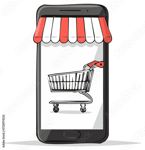 Digital shop concept showcasing an online marketplace on mobile phone with awning and shopping cart, simple style