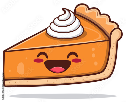 Cartoon slice of pumpkin pie with whipped cream and a smiling face